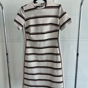 Vintage Wilshire of Boston Cream Beige Brown Stripe Dress Double Knit Sz ~4-6